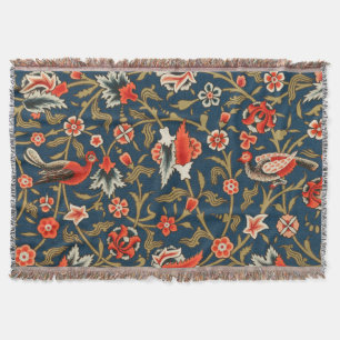 Bird and Flower Persian Blue Red Pattern Throw Blanket
