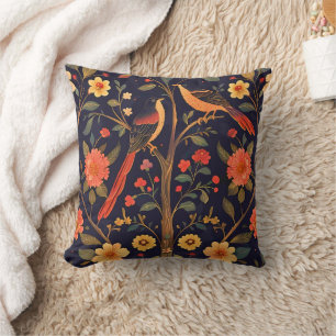 Bird and Flower Vintage Pattern Forest Floral Throw Pillow