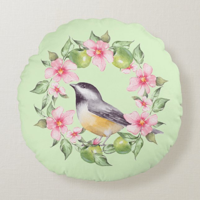 Bird and flowers 2 round pillow (Front)