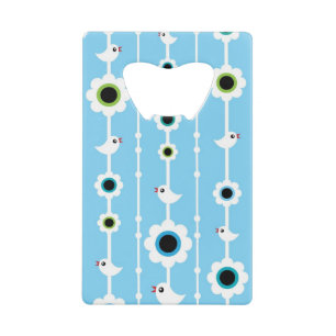 bird and flowers blue pattern credit card bottle opener