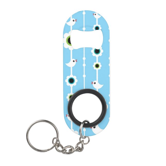bird and flowers blue pattern keychain bottle opener (Front)