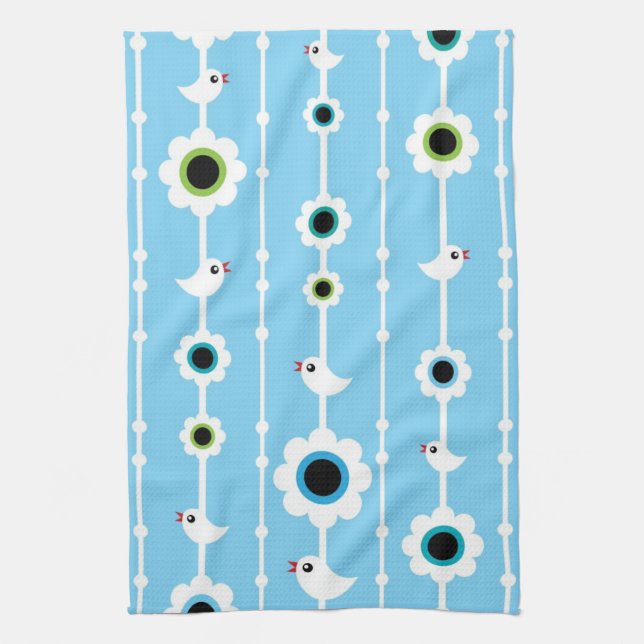 bird and flowers blue pattern kitchen towel (Vertical)