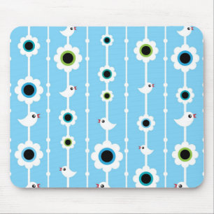 bird and flowers blue pattern mouse pad
