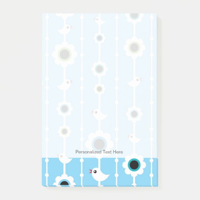 bird and flowers blue pattern post-it notes (Front)