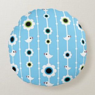 bird and flowers blue pattern round pillow