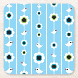 bird and flowers blue pattern square paper coaster