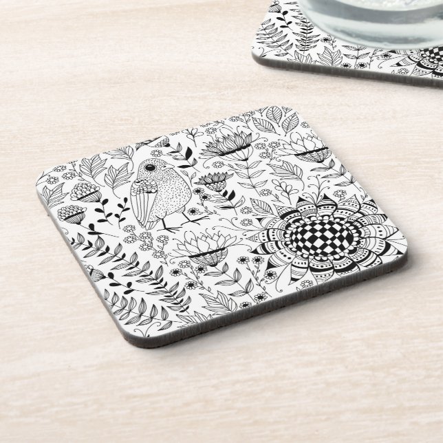 Bird and flowers doodle pattern coaster (Left Side)