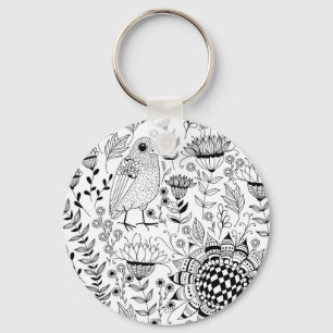 Bird and flowers doodle pattern keychain