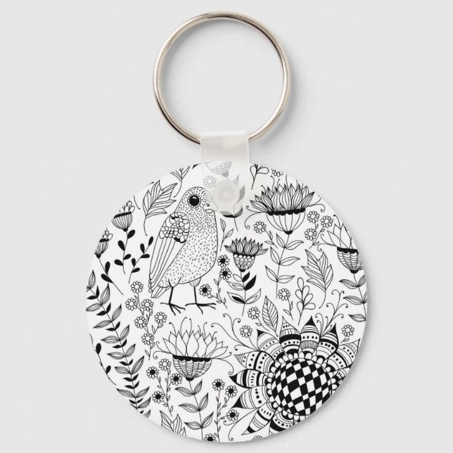 Bird and flowers doodle pattern keychain (Front)