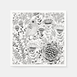 Bird and flowers doodle pattern napkin
