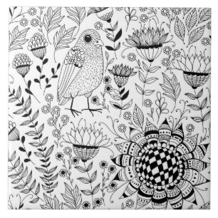 Bird and flowers doodle pattern tile