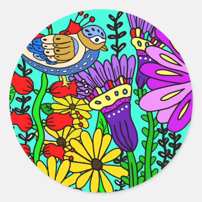Bird and Flowers Folk Art  Classic Round Sticker (Front)