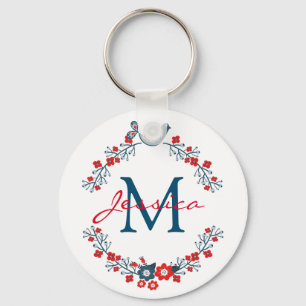 Bird and Flowers Folk Art Wreath Monogram Keychain