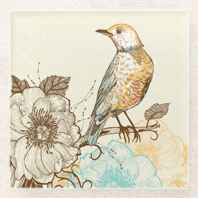 Bird and Flowers Glass Coaster (Front)