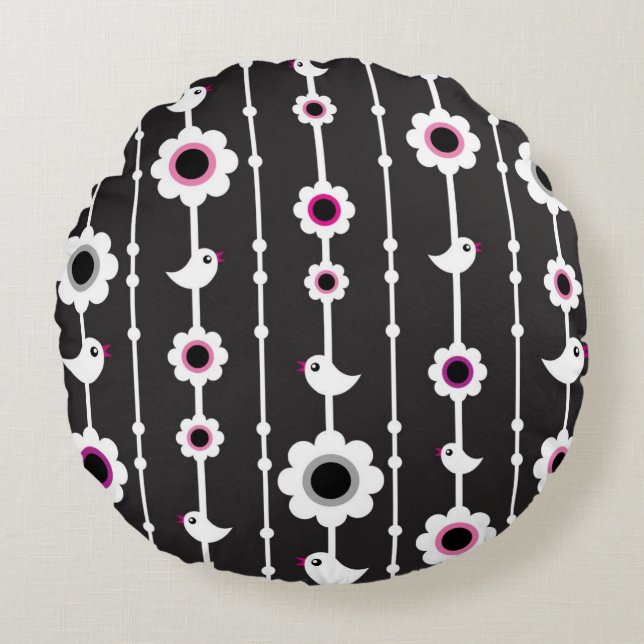 bird and flowers pattern round pillow (Front)