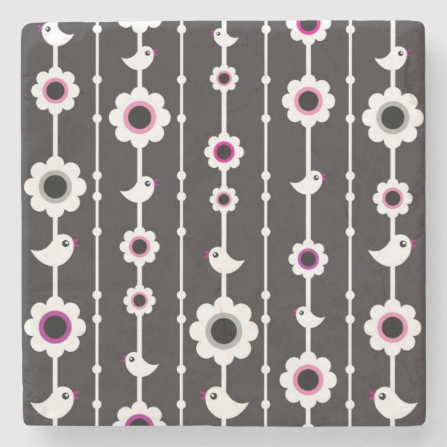 bird and flowers pattern stone coaster (Front)