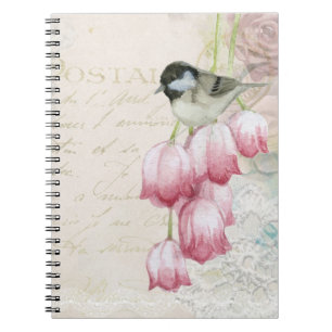 Bird and Flowers with Handwriting Shabby Vintage Notebook