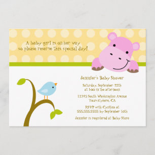 Bird and hippo polkadots baby shower invitation