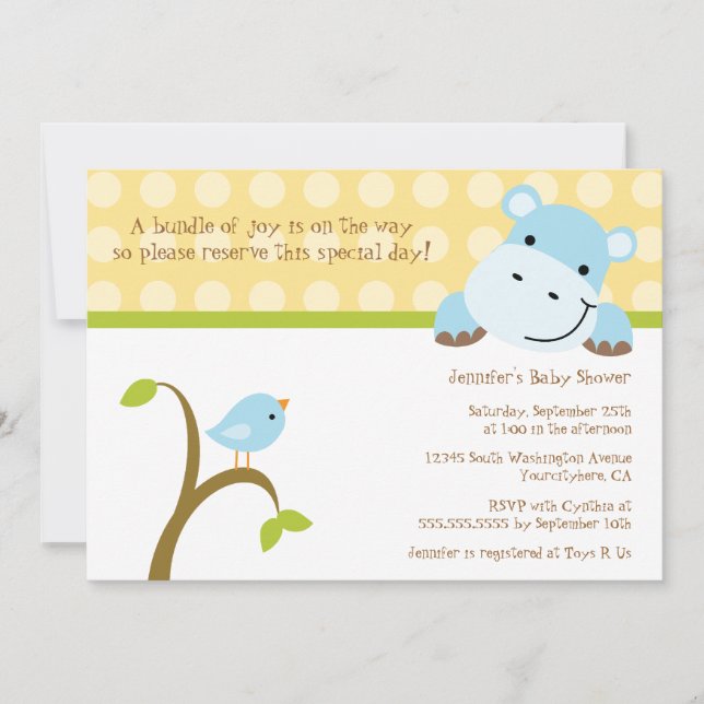 Bird and hippo polkadots baby shower invitation (Front)