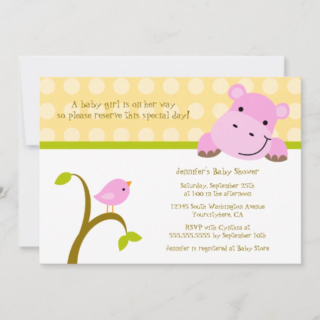 Bird and hippo polkadots baby shower invitation (Front)