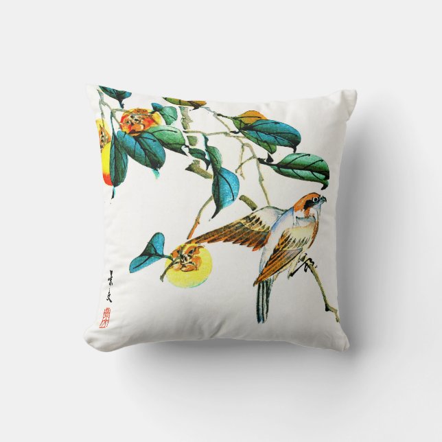 Bird and Persimmons 1892 Throw Pillow (Front)