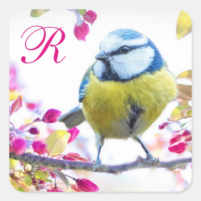 Bird and Pink Blossoms Monogram Square Sticker (Front)