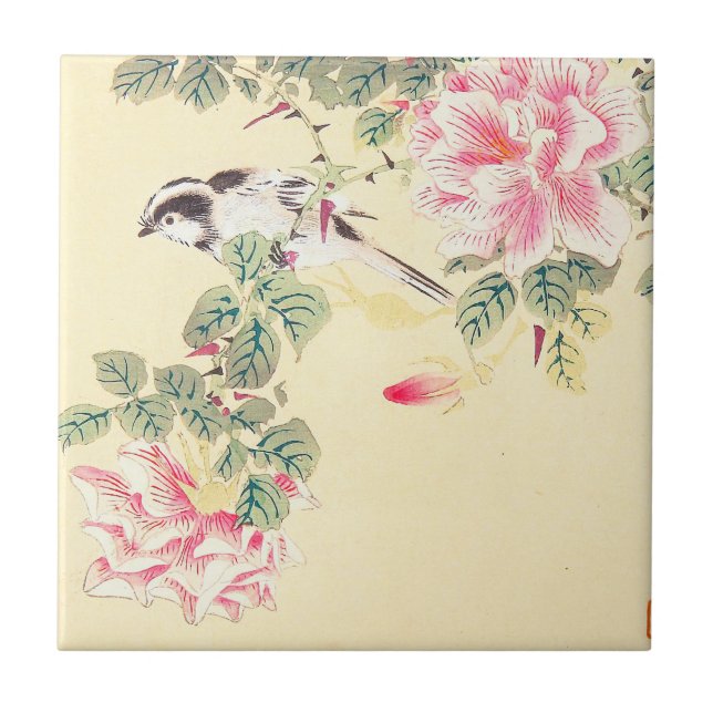 Bird and Roses Imao Keinen ukiyo-e flowers Japan Tile (Front)