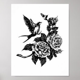 Bird and roses tattoo style poster