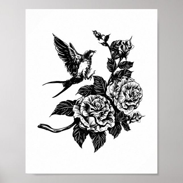 Bird and roses tattoo style poster (Front)