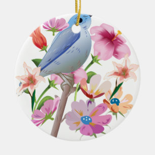 Bird and Spring Flowers Illustration Ceramic Ornament