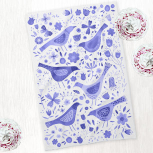 Bird and Wildflower Floral Watercolor Blue White Kitchen Towel