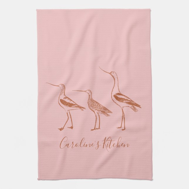Bird Art Drawing in Blush and Rust Personalized    Kitchen Towel (Vertical)