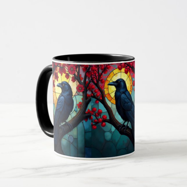 Bird Art Stained Glass Ravens-Crows Mug (Front Left)