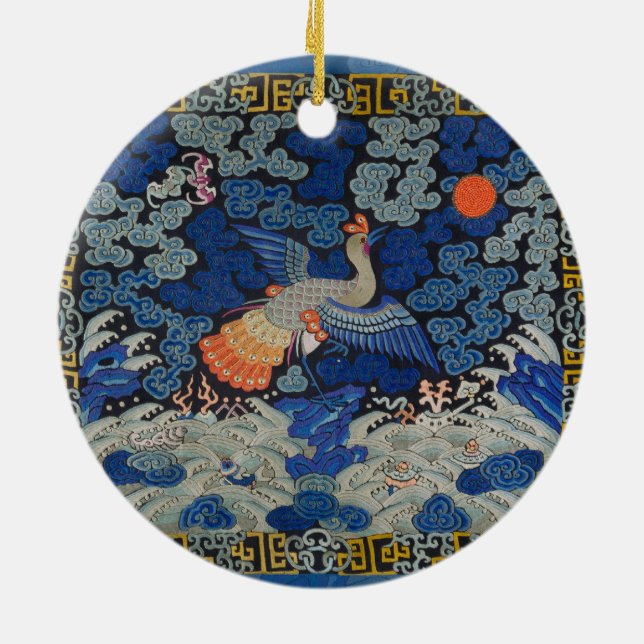 Bird Artwork Crested chinese embroidery artwork Ceramic Ornament (Back)