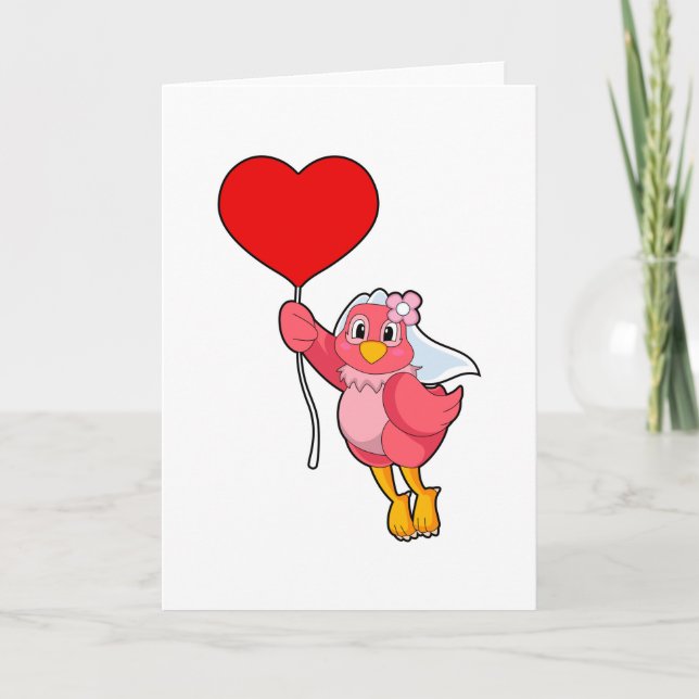 Bird as Bride with Veil & Heart Balloon Card (Front)