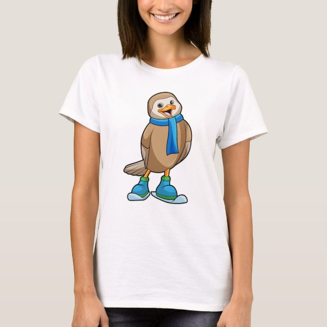Bird as Skier with Ski & Scarf T-Shirt (Front)