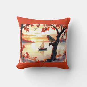 bird Autumn Sunset Sailboat Throw Pillow