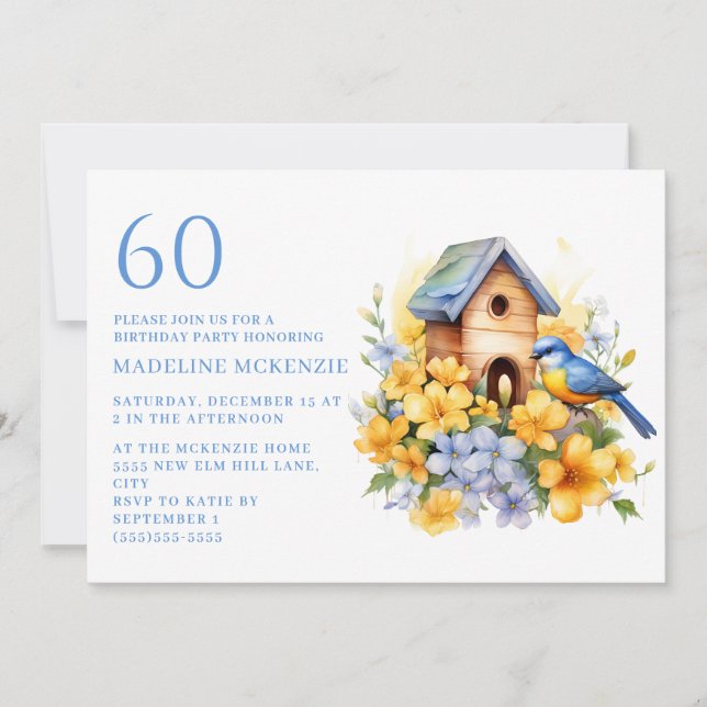 Bird Birdhouse Blue Yellow Flowers 60th Birthday Invitation (Front)