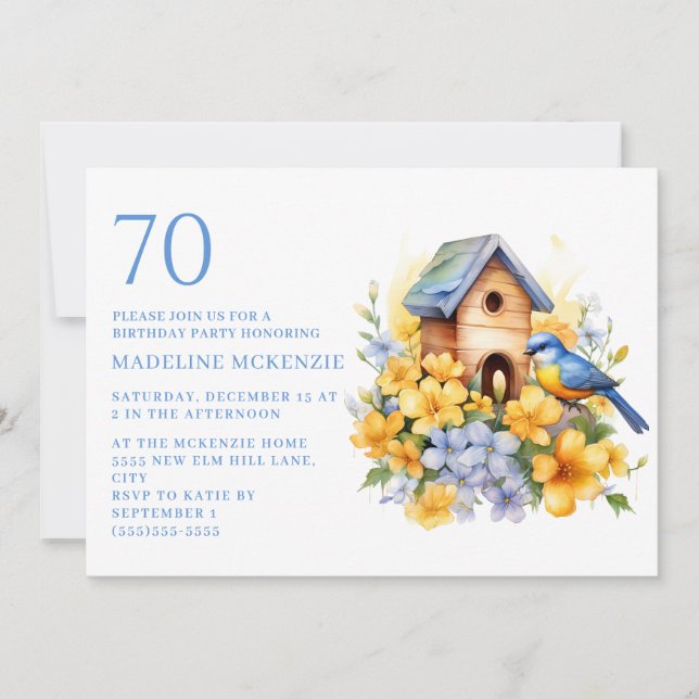 Bird Birdhouse Blue Yellow Flowers 70th Birthday Invitation (Front)