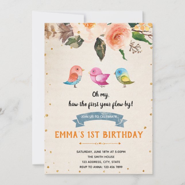 Bird birthday baby shower invitation (Front)