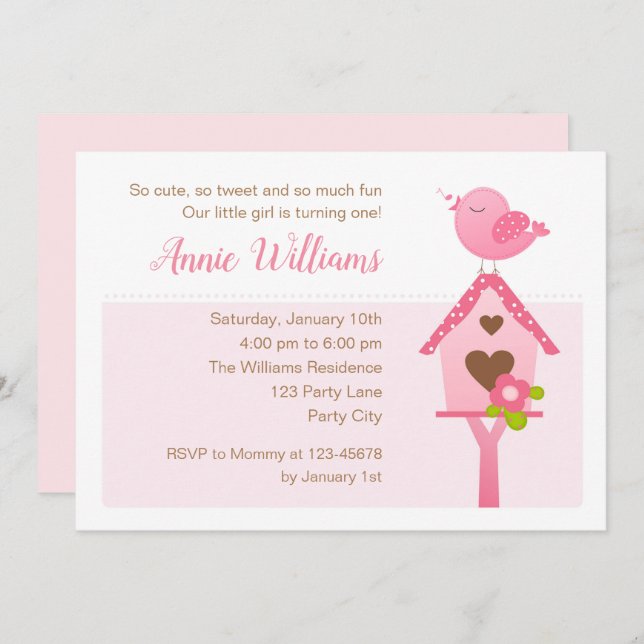 Bird Birthday Invitations (Pink 1st Birthday) (Front/Back)
