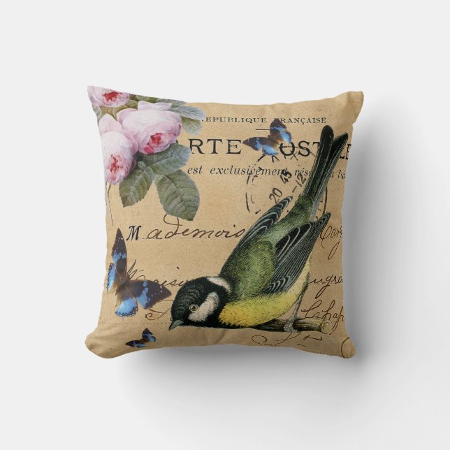 Bird, blue butterfly roses shabby chic throw pillow (Front)