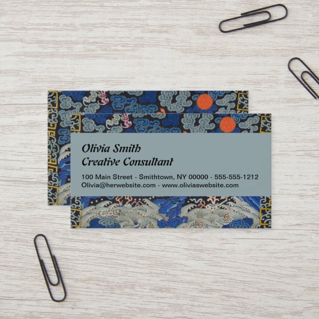 Bird Blue Chinese Embroidery Vintage Business Card (Front/Back In Situ)