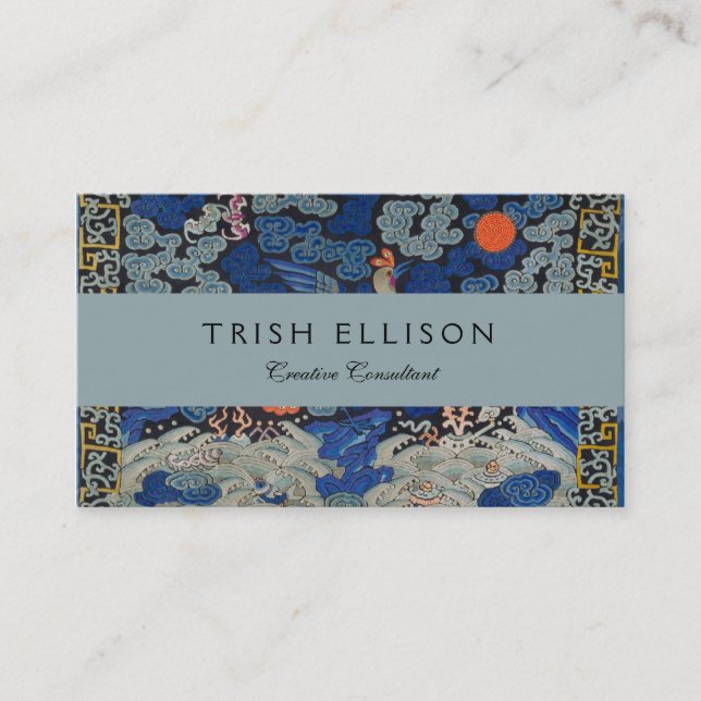 Bird Blue Chinese Embroidery Vintage Business Card (Front)