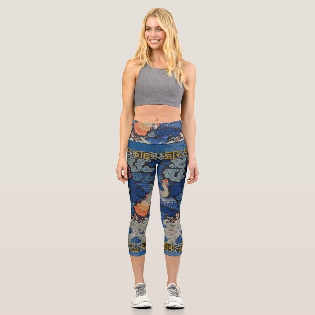 Bird Blue Chinese Embroidery Vintage Capri Leggings (Front)