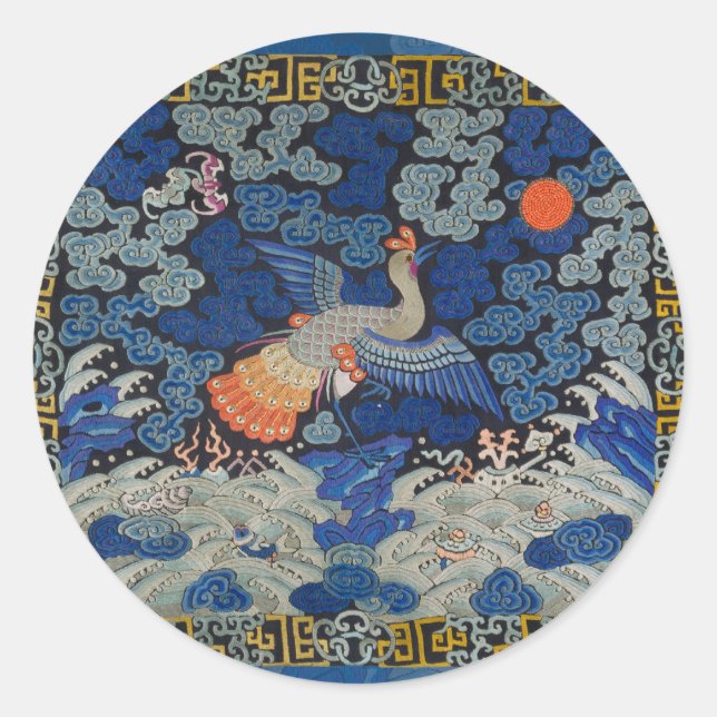 Bird Blue Chinese Embroidery Vintage Classic Round Sticker (Front)