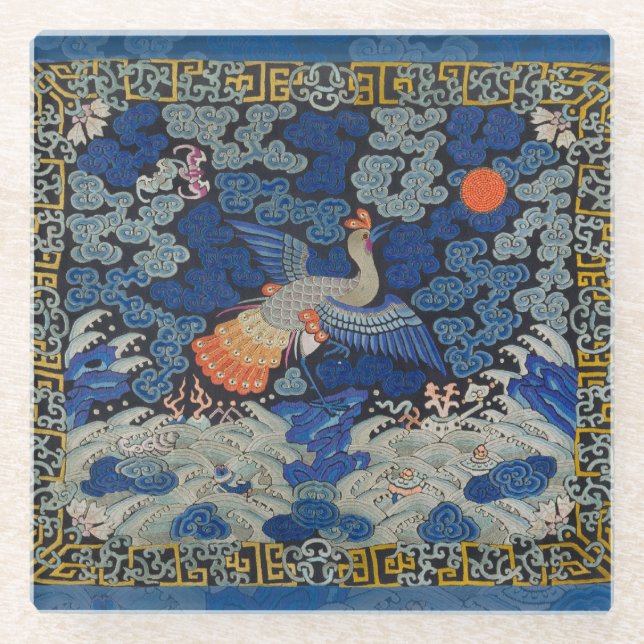 Bird Blue Chinese Embroidery Vintage Glass Coaster (Front)
