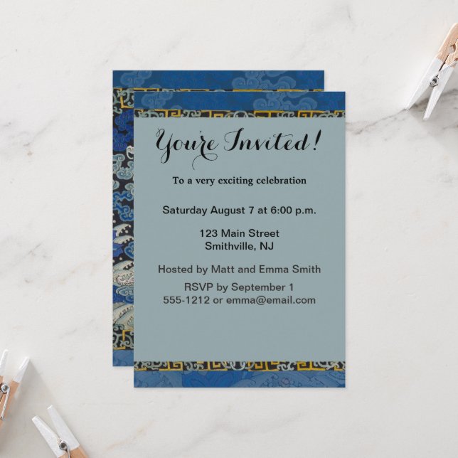 Bird Blue Chinese Embroidery Vintage Invitation (Front/Back In Situ)