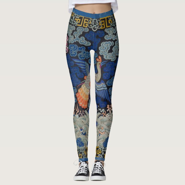 Bird Blue Chinese Embroidery Vintage Leggings (Front)