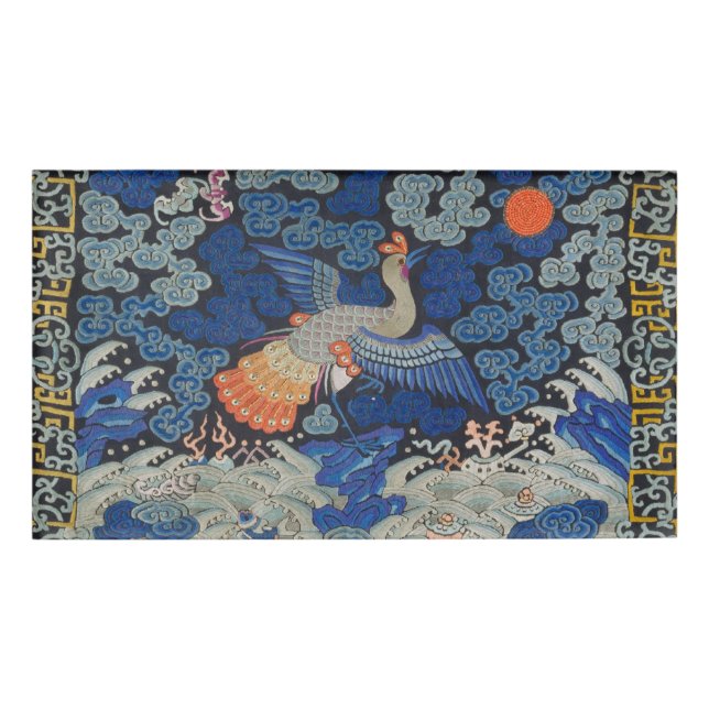 Bird Blue Chinese Embroidery Vintage Name Tag (Front)